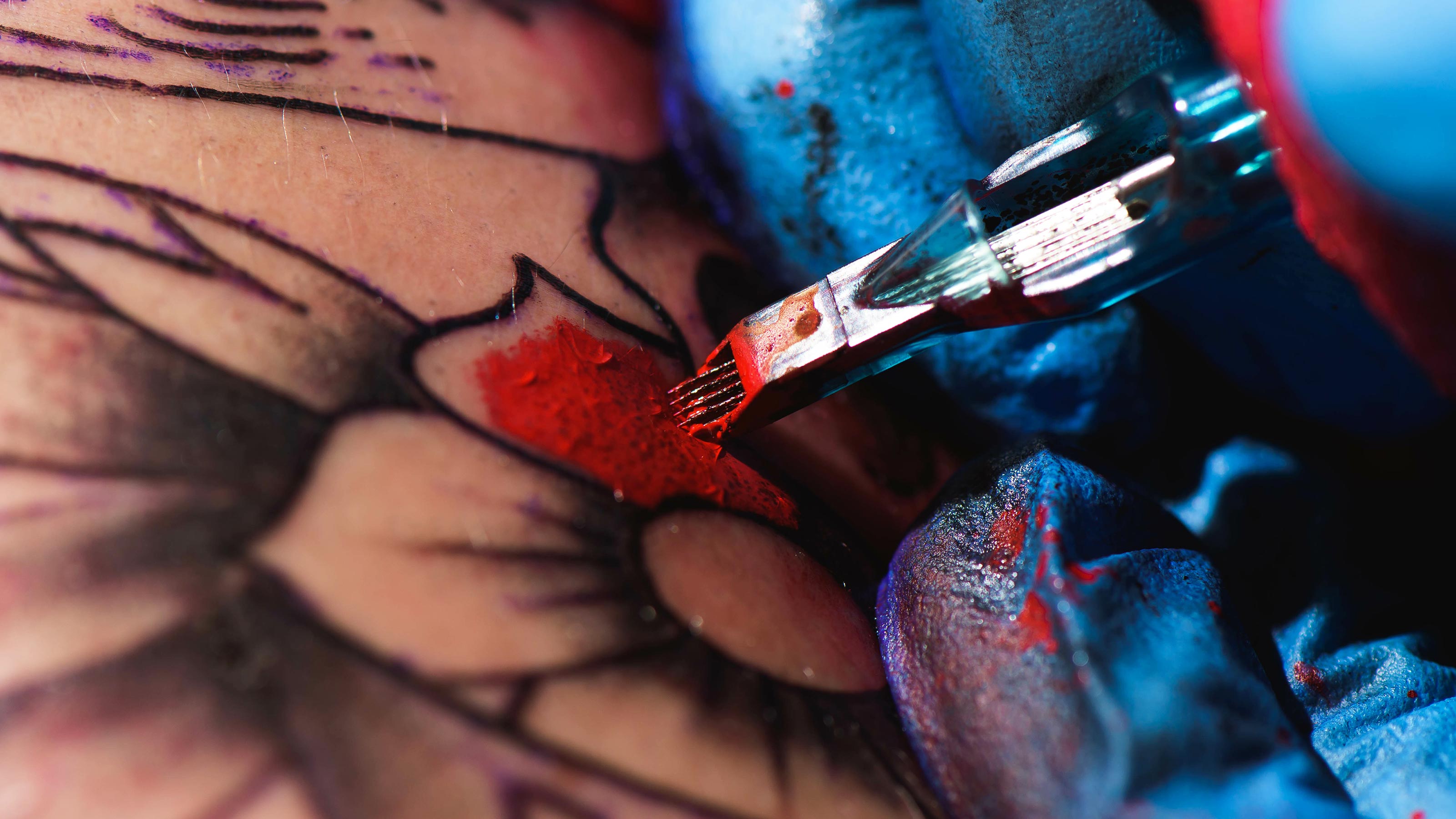 Tattoo concept closeup of machine with needle and paint for drawing  drawing on human skin Stock Photo  Adobe Stock