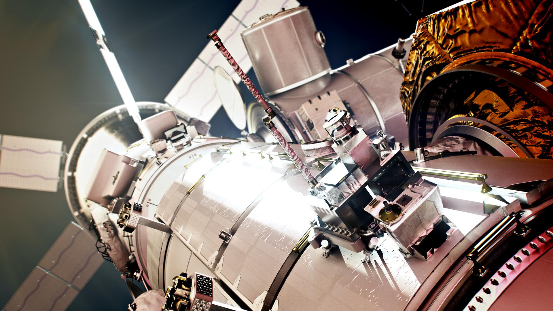 A close-up view of a space station module with intricate details and components under bright lighting