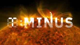 a rendering of a solar storm on the sun with the "T-Minus" logo on top of it