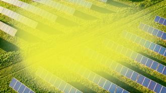 Aerial view of solar panels arranged in rows on green grass, partially obscured by a yellowish haze.