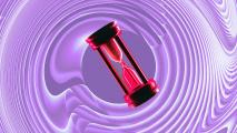 A red hourglass is centered against a swirling, purple abstract background, evoking the visionary essence of Ray Kurzweil's AI innovations.