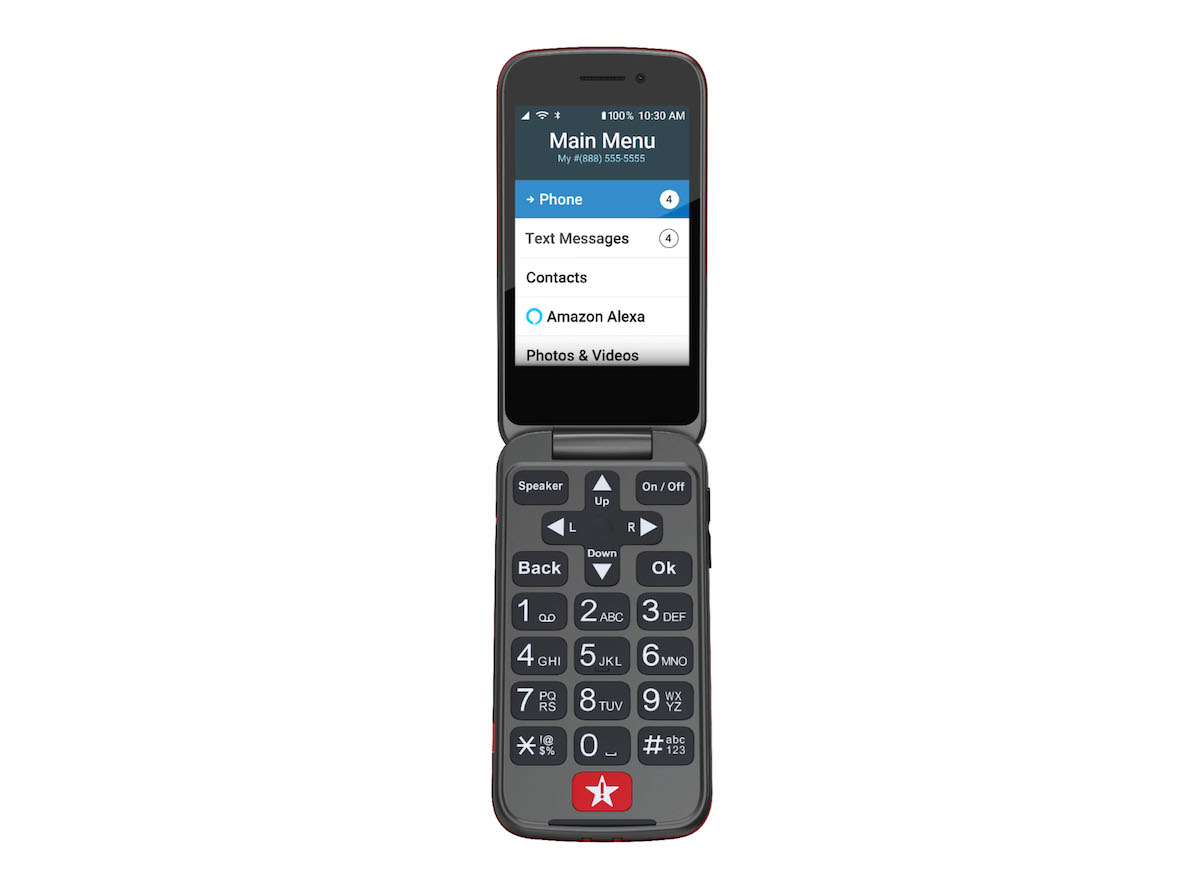 A flip phone with large buttons is open, displaying its main menu, including options for phone, text messages, contacts, Amazon Alexa, and photos & videos on its screen