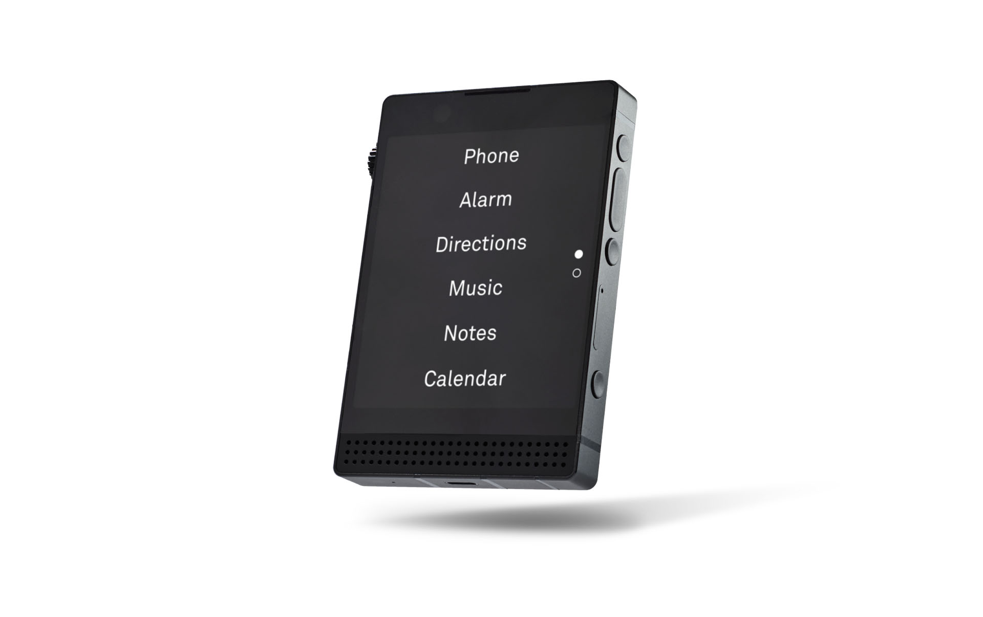 A compact handheld dumbphone with a screen displaying options for Phone, Alarm, Directions, Music, Notes, and Calendar floats against a white background