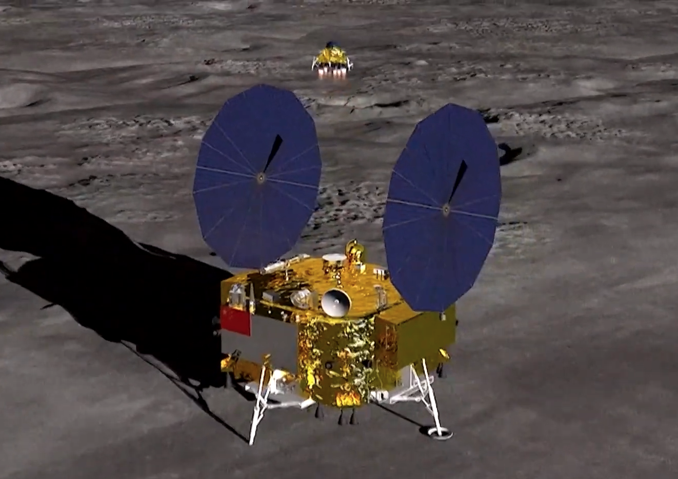 A lunar rover with two large blue solar panels is stationed on the moon's surface. Another lunar device is visible in the distance.