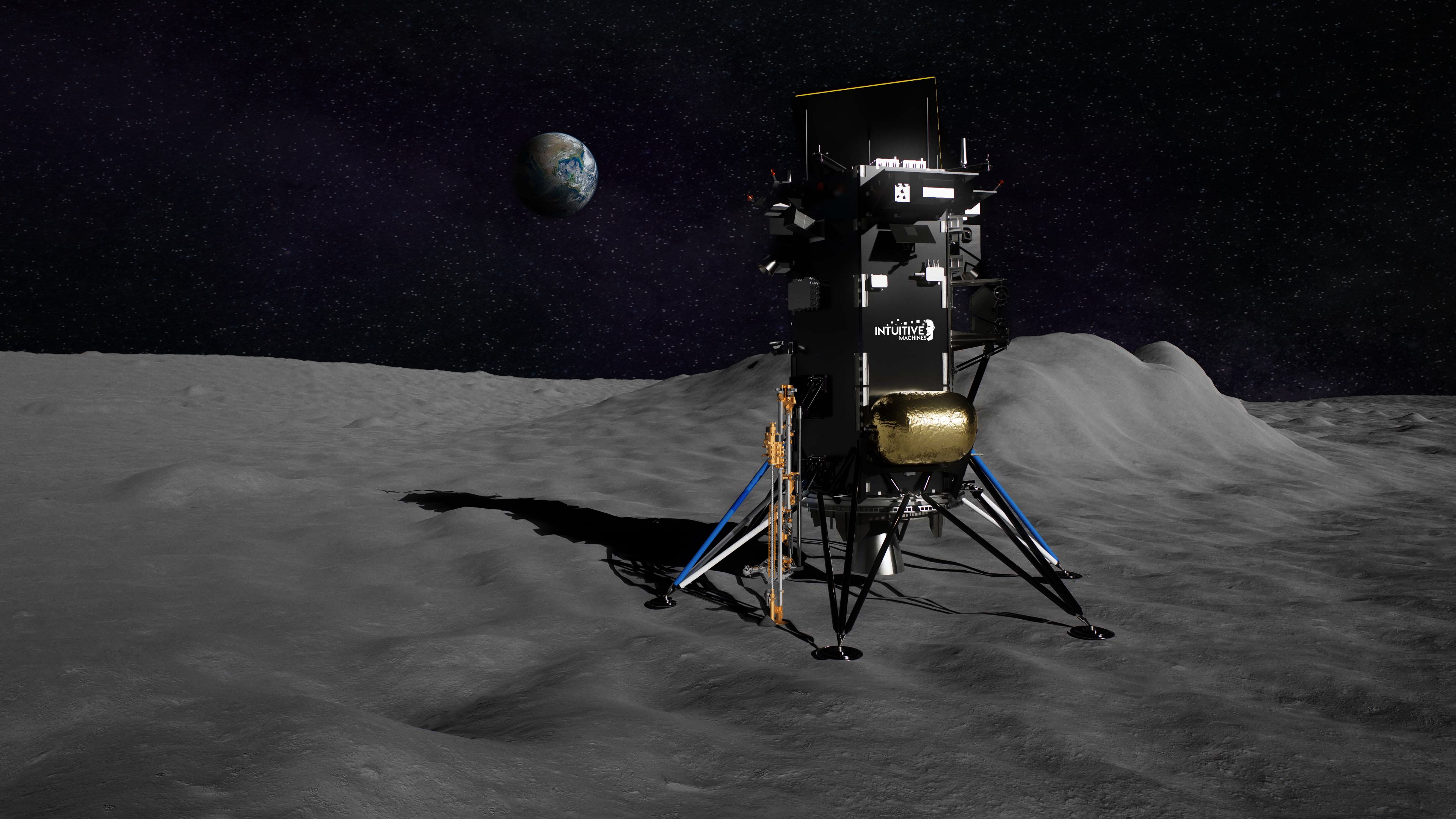 A lunar lander is stationed on the Moon's surface with the Earth visible in the distant background against a starry sky.