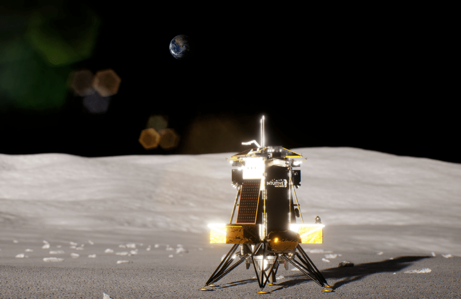 A lunar lander sits on the moon's surface with the Earth visible in the distant dark sky.