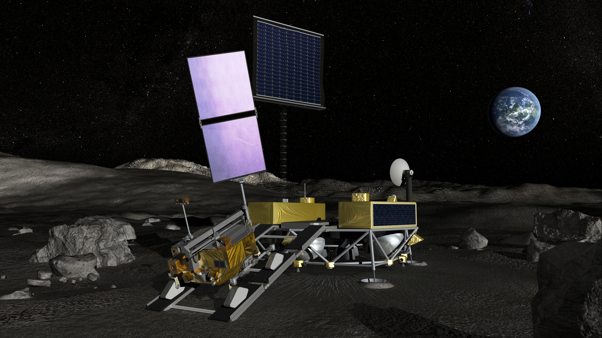 A lunar rover with solar panels and antennas on the Moon's surface, Earth visible in the background.