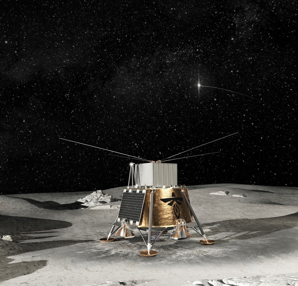 A lunar lander with antennas and solar panels positioned on a rocky, cratered lunar surface under a starry sky.