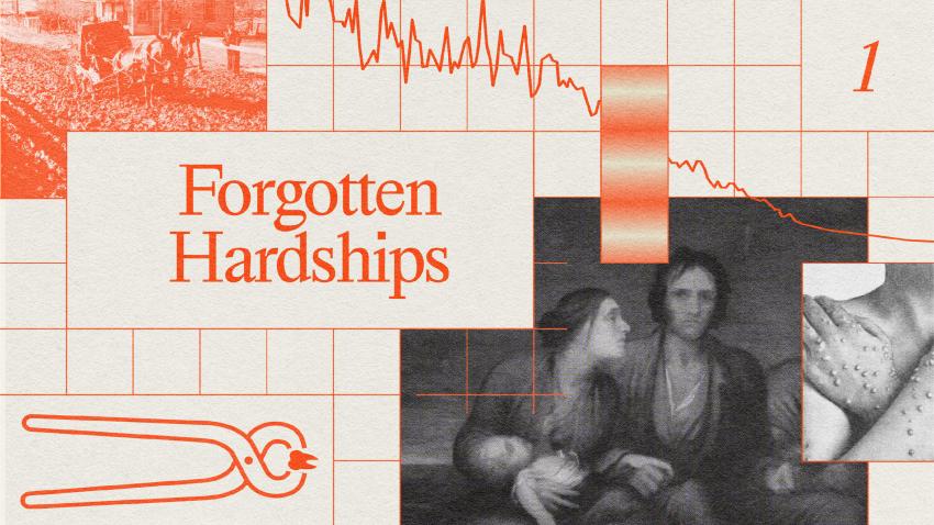 A collage featuring the text "Forgotten Hardships," with images of distressed people, a graph with a declining trend, and various historical imagery in red and black tones.