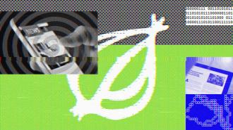 Abstract digital collage featuring a hand holding a smartphone, the logo of The Onion, binary code, and a webpage against a green and blue background.