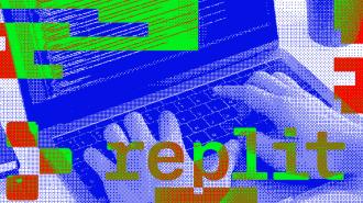 A person types on a laptop keyboard with the text "replit" displayed prominently over the image, along with colorful geometric shapes.