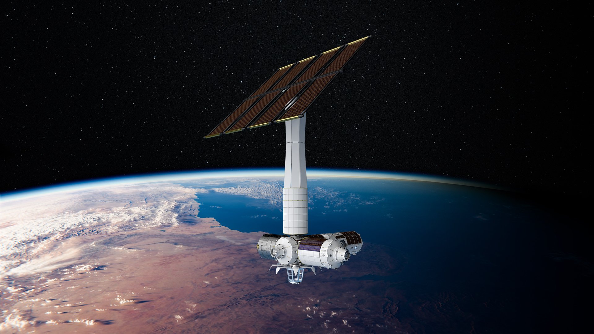 A satellite with a large solar panel array orbits above Earth, with a view of the planet's surface and the blackness of space in the background.