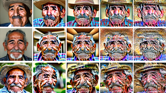 A grid featuring 15 portraits of an elderly man wearing a hat. The images show various digital distortions.