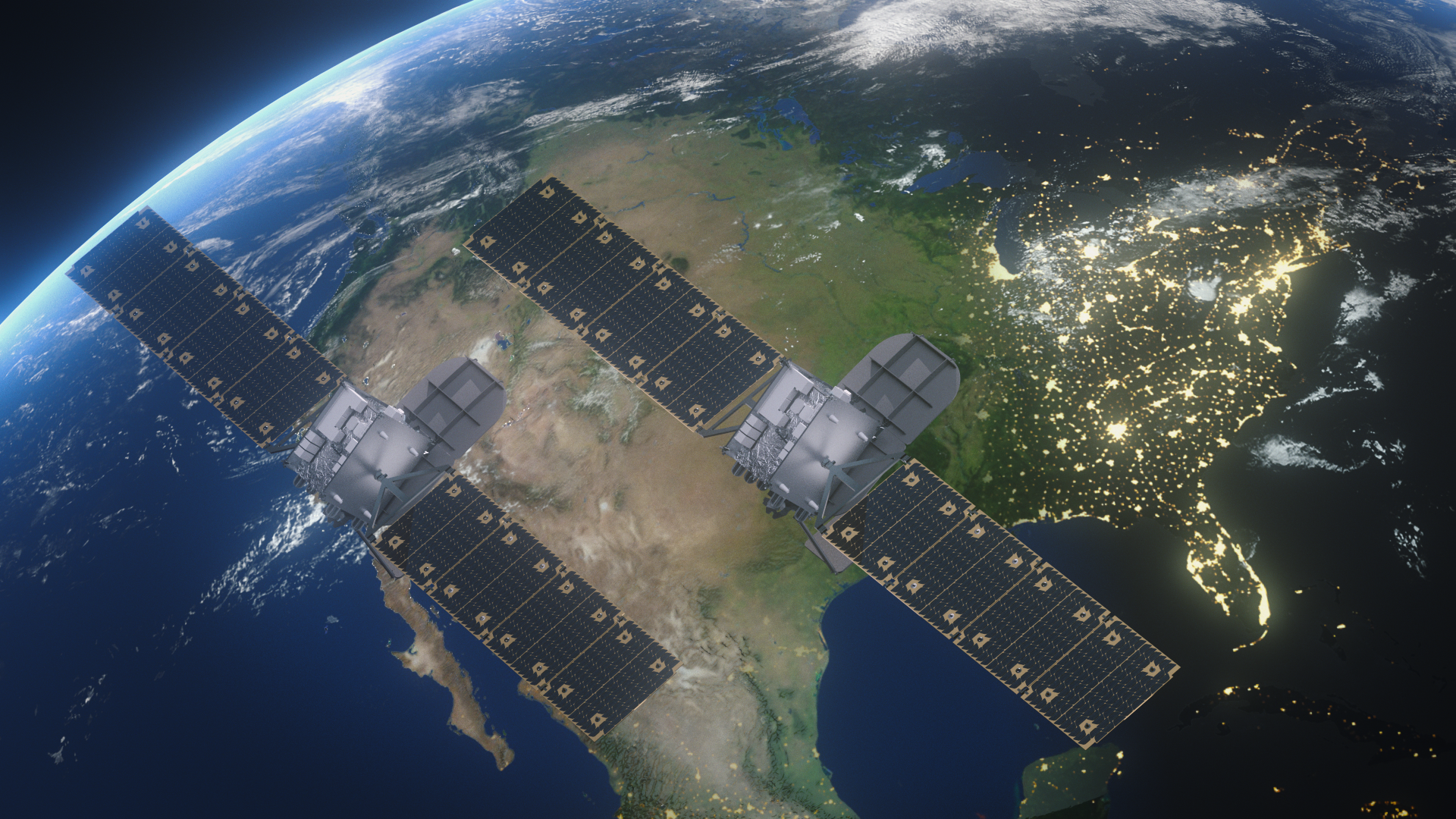 Two satellites in orbit above North America, with illuminated cities visible at night on Earth below.