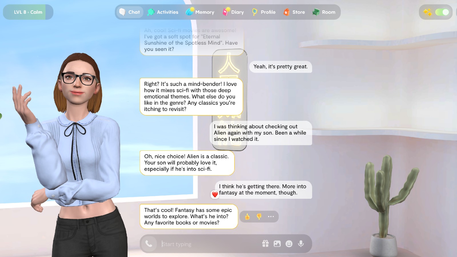 A woman with glasses is engaging in a virtual chat with another user about movies and books. Various dialogue bubbles display their conversation on the screen about sci-fi classics and fantasies.