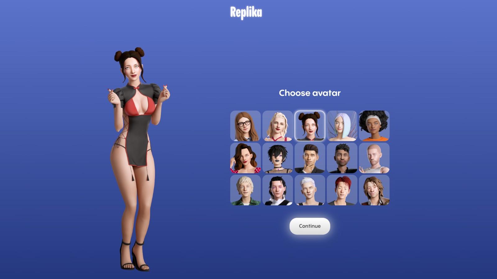 A selection screen for avatars in an app. The highlighted avatar is a female character in a red and black outfit with two buns hairstyle. Other avatars can be selected from the grid on the right.