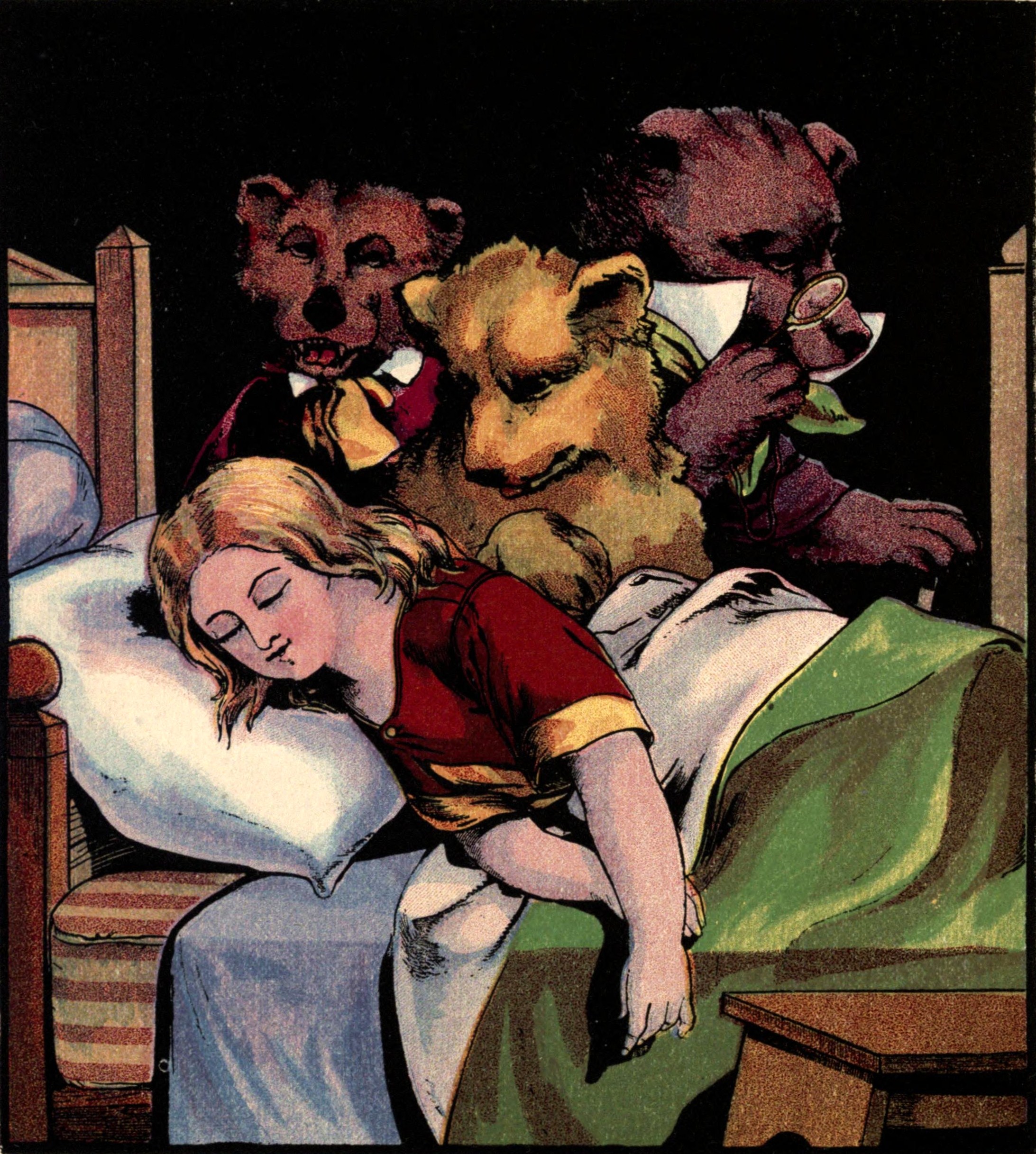 A young girl with blond hair is asleep in a bed while three bears stand behind her, looking on. The setting appears to be indoors, possibly at night.