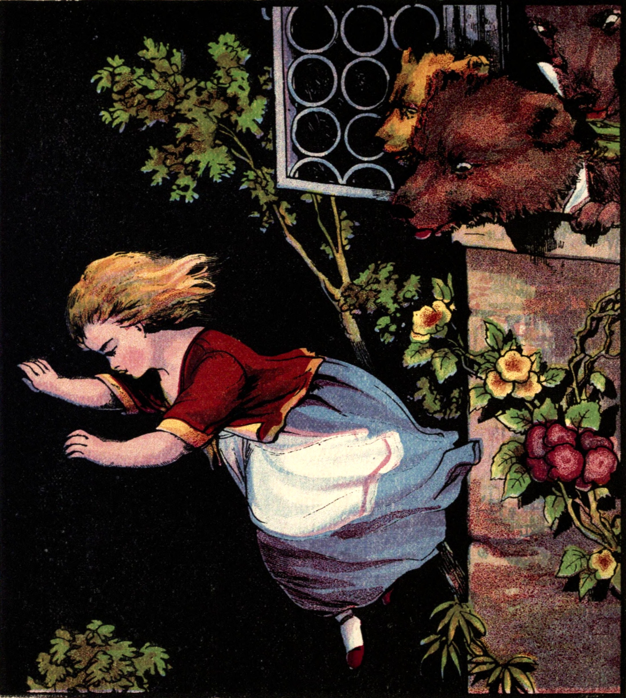 A girl in a red and white dress falls through the air as two bears poke their heads out of a window surrounded by leaves and flowers.