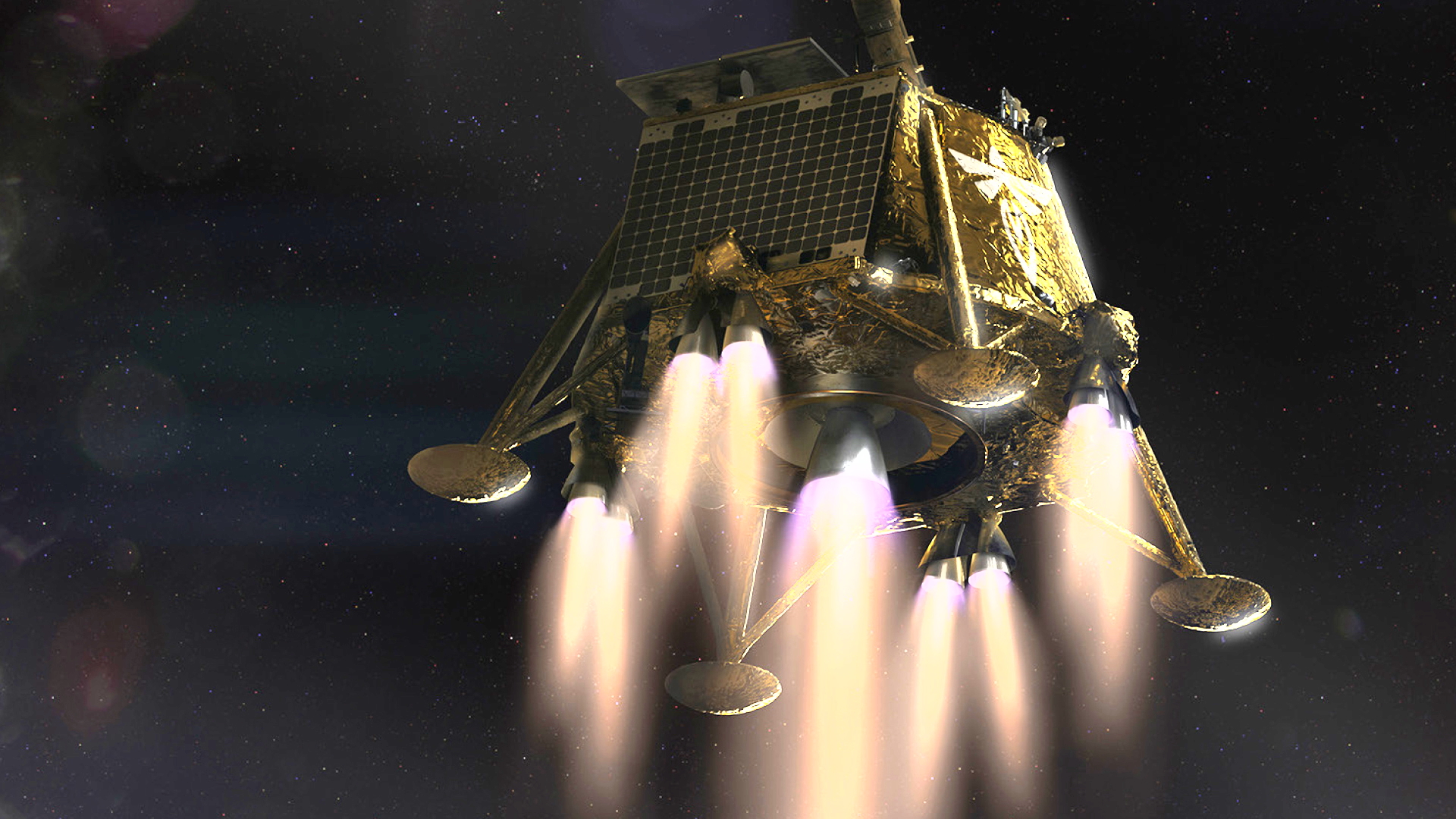 A spacecraft with multiple thrusters in action, emitting bright exhaust flames, is depicted against a backdrop of space.