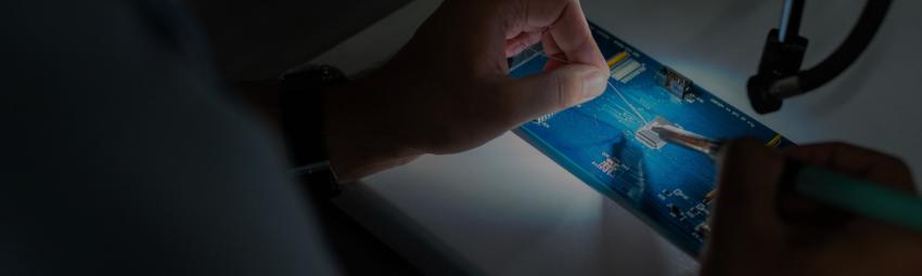 A person soldering components onto a blue circuit board under a focused light.