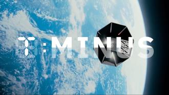 A geometric satellite floats above Earth with the text "T-MINUS" superimposed in bold letters. The planet's blue and white clouds are visible in the background.