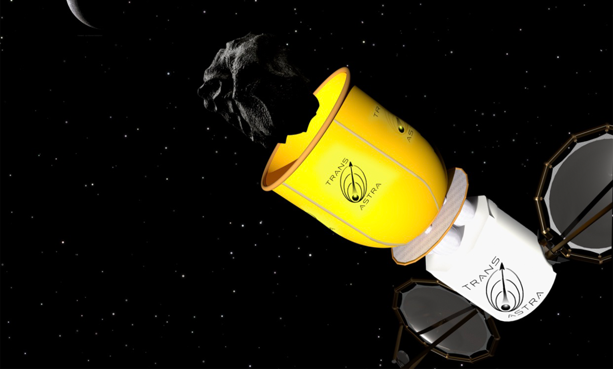 A spacecraft with the "Trans Astra" logo captures an asteroid in space, with a yellow and white structure holding the rock against a starry background.