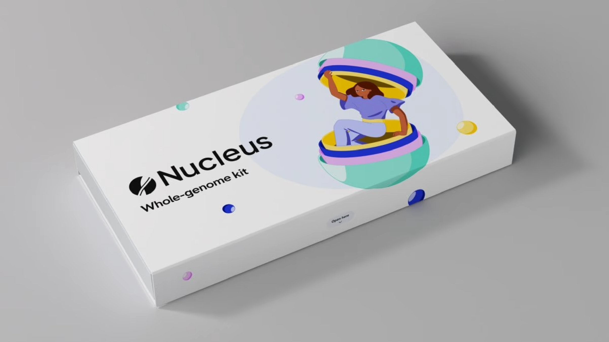 A white box of the "Nucleus Whole-genome Kit" showcases an illustrated person sitting elegantly within a swirling DNA helix, capturing the essence of genome sequencing.