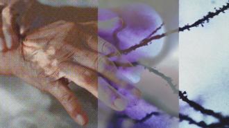 Overlay of hands and abstract patterns in purple and blue tones, symbolizing hope for Parkinson's cure.