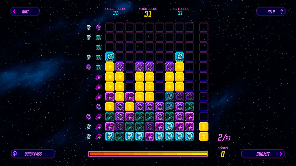 A colorful puzzle game grid with yellow, blue, and purple tiles in a space-themed background. Score details and options like "Quit" and "Help" are displayed at the top.