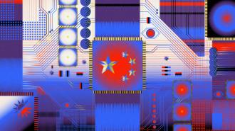 Abstract digital artwork with a Chinese flag motif. Contains stars and circuit-like patterns in red, blue, and white, hinting at the intricate web of industrial espionage.