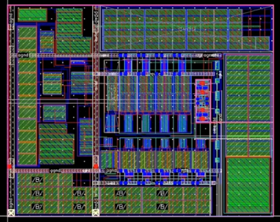 A detailed layout of an electronic circuit design with various interconnected components, displayed in a grid pattern with blue, green, and red elements.