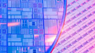 Close-up of a silicon wafer with microchips, featuring intricate circuit patterns under pink and blue light, highlighting the role of semiconductors in cutting-edge technology.