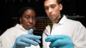 Two scientists wearing blue gloves and lab coats examine a glass slide with colored dots, focusing intently in a laboratory setting.