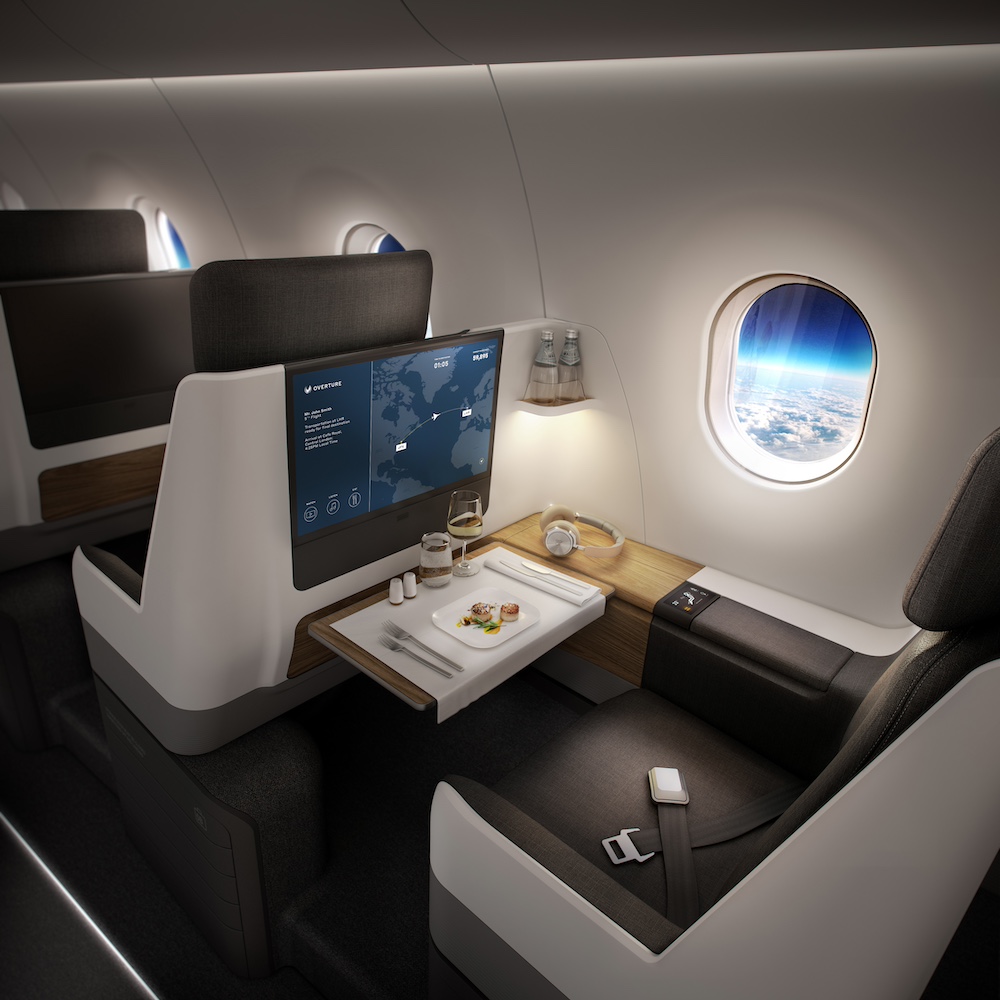 Experience the luxury of a supersonic flight in an airplane cabin with a reclining seat and personal entertainment screen. Enjoy gourmet meals while gazing out at the Earth's curvature through the window, as you boom across the sky in unrivaled speed and style.