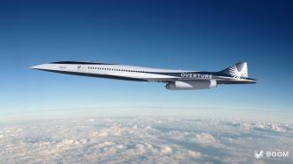 A futuristic supersonic airplane labeled "Overture" flies above the clouds against a clear blue sky.