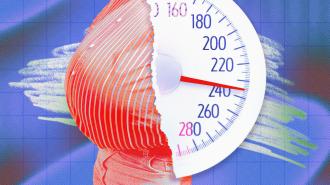 An abstract image depicts a person in a red-striped shirt holding their side, overlaid with half of a large analog weighing scale showing around 240 pounds, set against a blue grid background—hinting at the rising obesity rate.