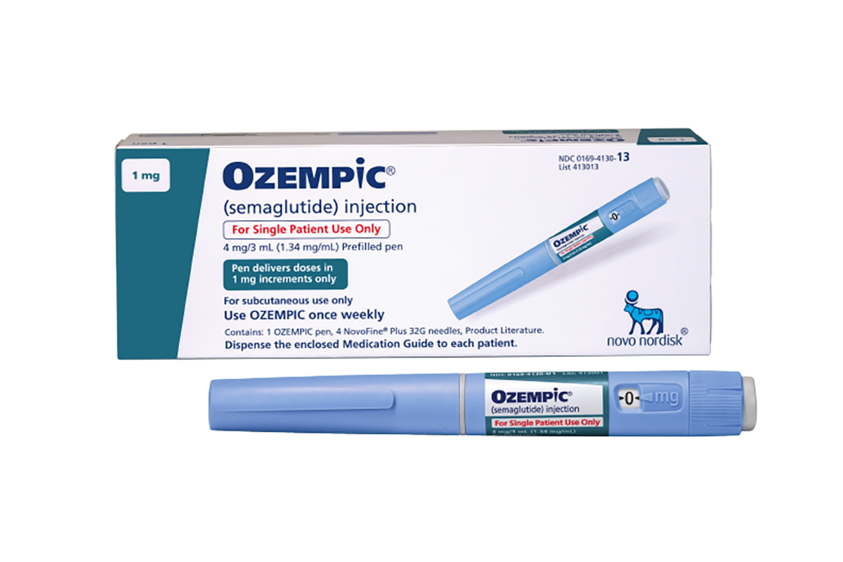 Box and pen of Ozempic (semaglutide) injection for single patient use, 1 mg dose, with Novo Nordisk logo.