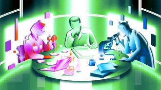 A digital illustration of three people around a table working with a computer, microscope, and artistic tools, set against a futuristic green and purple background.