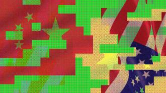 Abstract digital art featuring overlapping elements of the Chinese and American flags with pixelated and geometric distortion effects in red, green, and yellow tones.