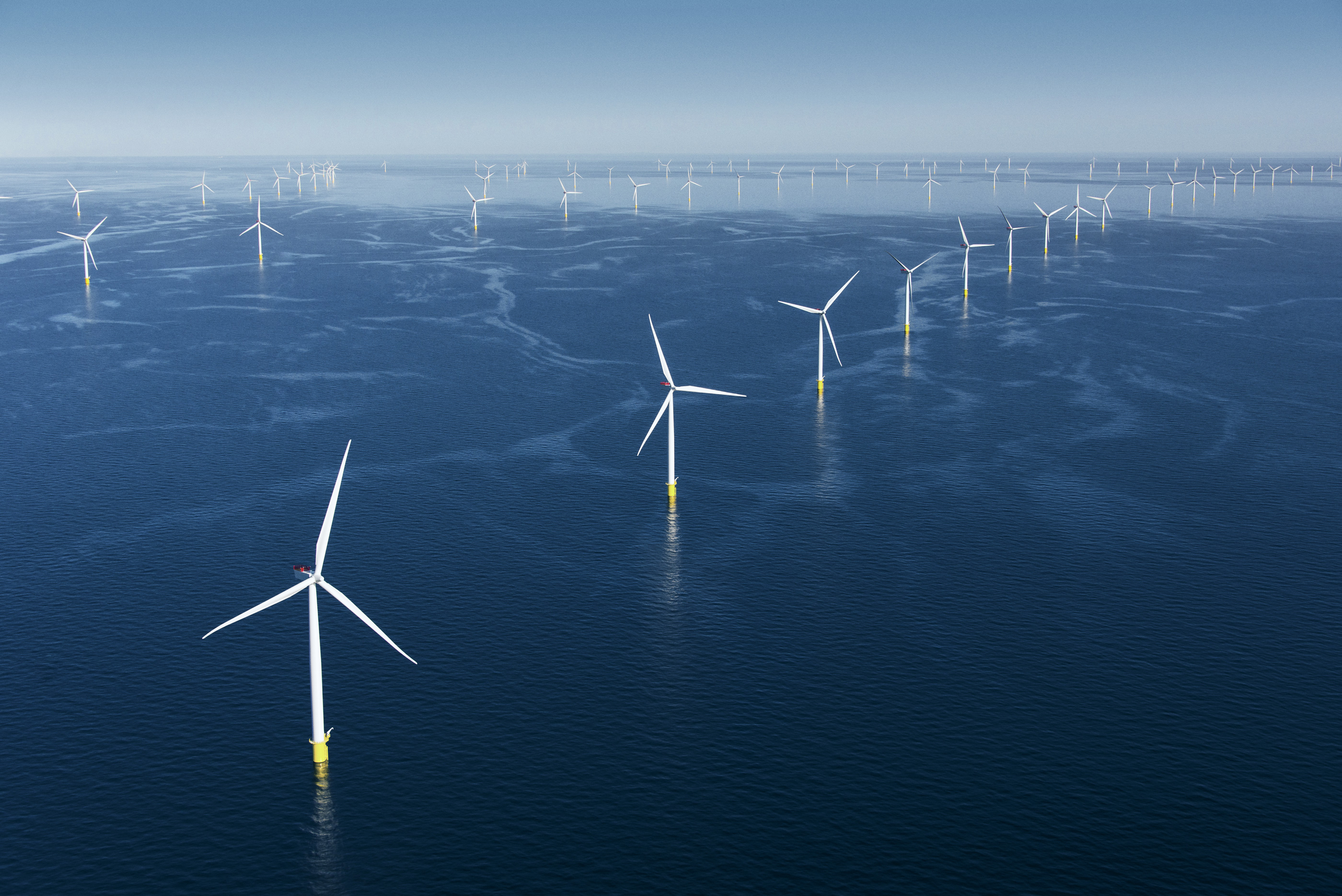 Rows of offshore wind turbines are gracefully positioned across a calm blue sea under a clear sky, harnessing clean energy for a sustainable future.