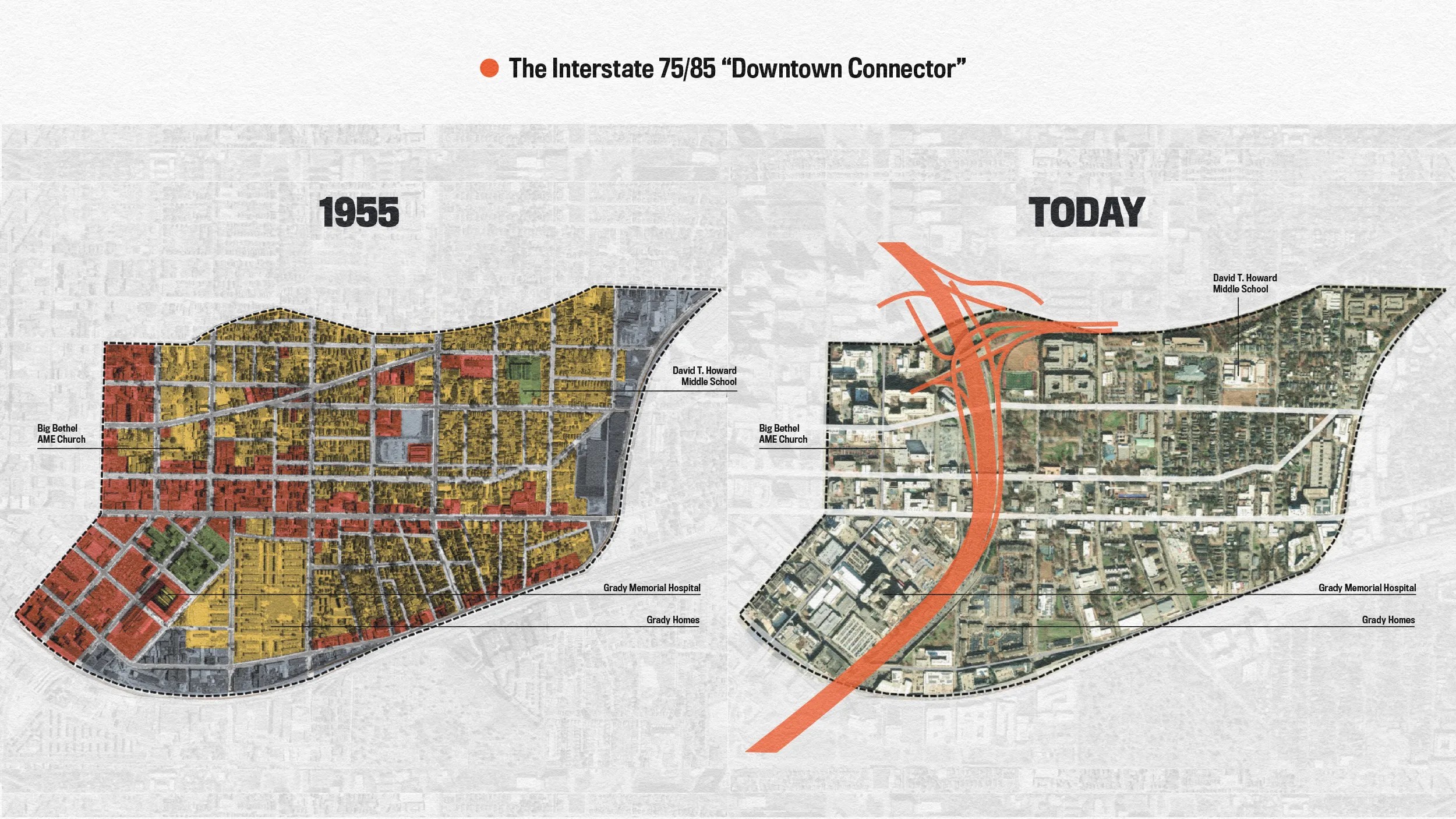 Comparison map showing Atlanta's development: 1955 (left) with dense streets and buildings, and today (right) with the Interstate 75/85 running through, altering the layout and reducing density.