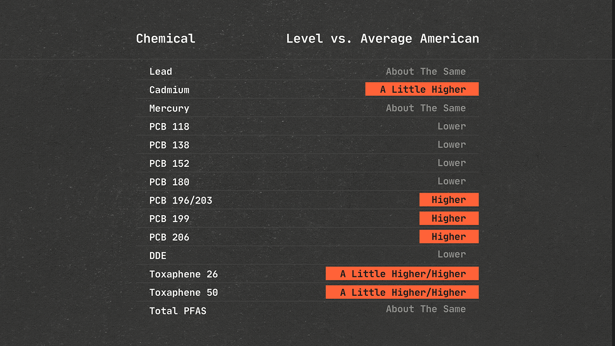 Table comparing chemical levels to the average American, noting levels as lower, higher, or about the same, with highlighted areas for higher levels of Cadmium, PCBs, Toxaphene, and DDE.