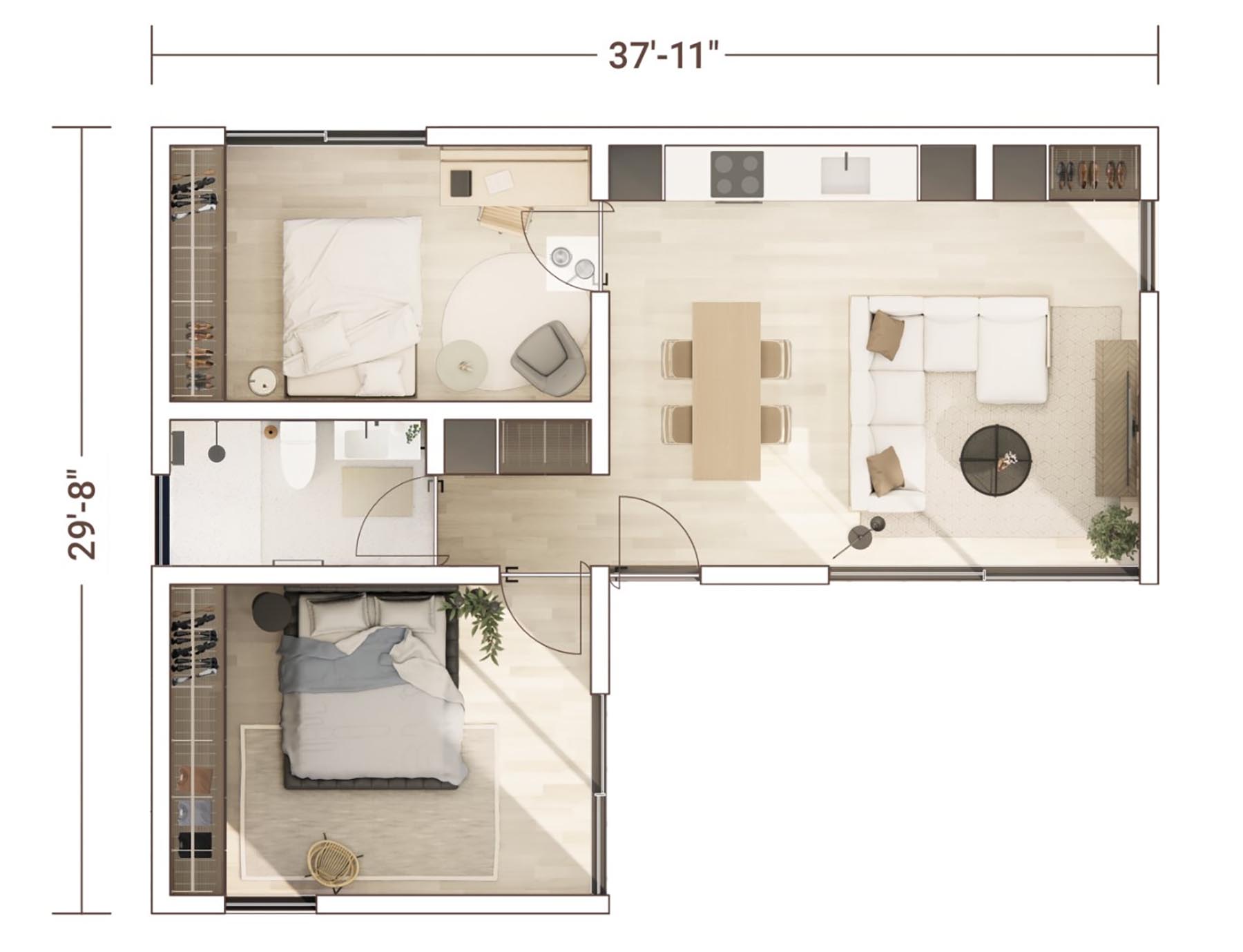 This floor plan of a chic prefab apartment features two bedrooms, a bathroom, a kitchen, and a spacious living area with dimensions of 37'11" by 29'8".