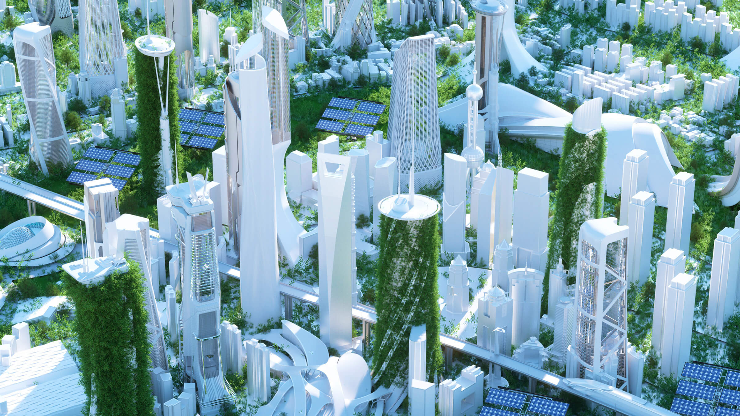 In a testament to the Great Progression, this futuristic cityscape features towering modern skyscrapers adorned with green vertical gardens and solar panels, all harmoniously enveloped by lush greenery.